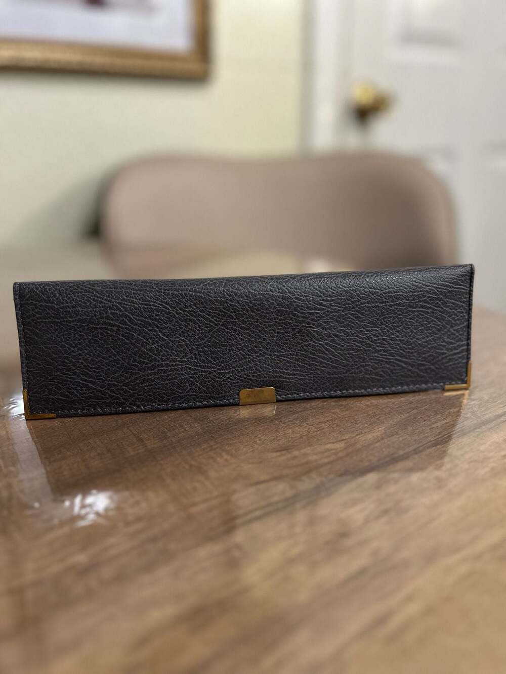 Jaz Paris Gray Textured Leather pen Wallet with Gold Tone Metal Corners